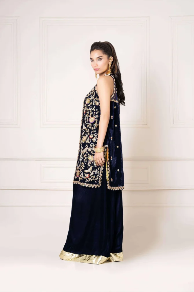 Velvet Sleeveless Embellished Coat with Flared Trouserc
