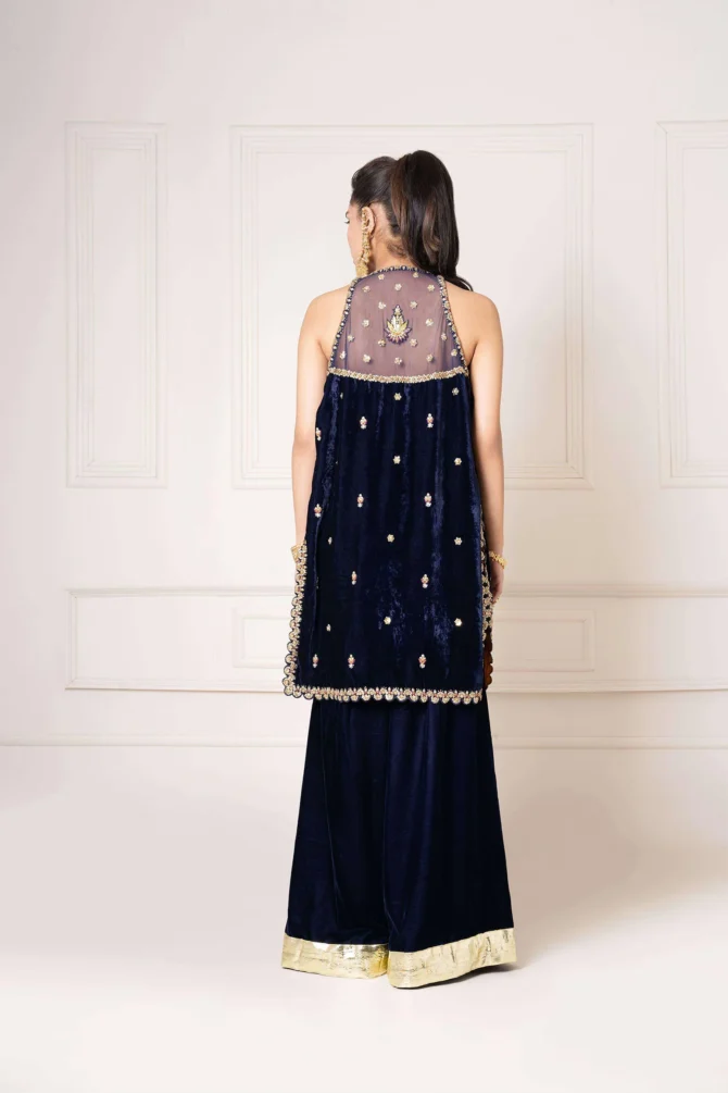Velvet Sleeveless Embellished Coat with Flared Trouserc
