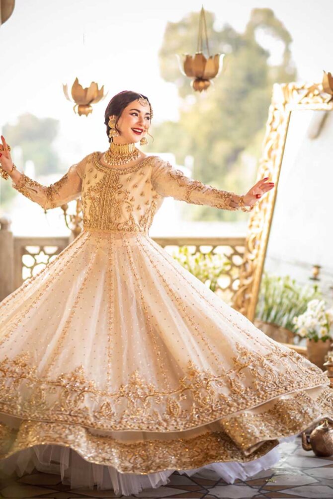 White and Golden Lehenga Frock Pakistani Wedding Dresses