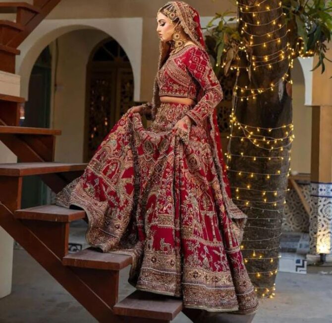 Pakistani Bridal Dress in Red Lehenga and Choli Style