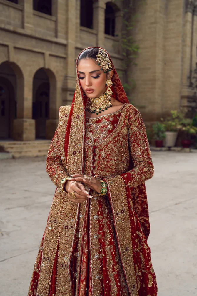 Pakistani Bridal Dress in Red Open Gown Lehenga Style