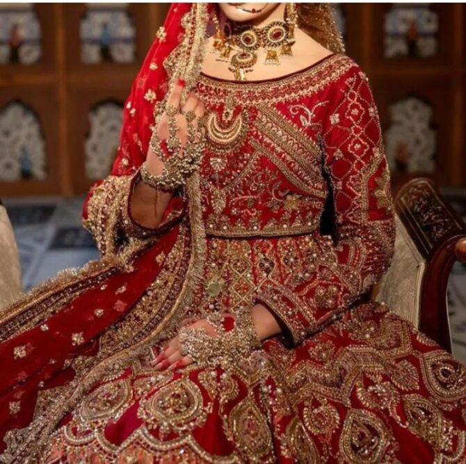 Pakistani Bridal Dress in Red Lehenga and Choli Style