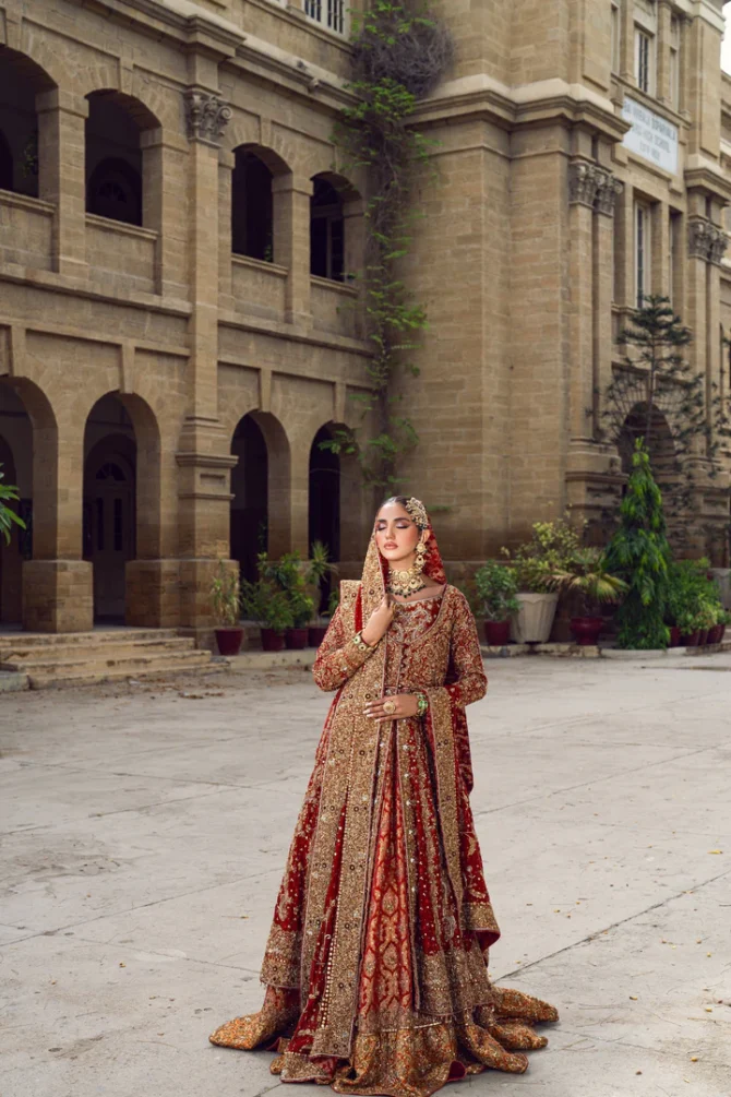Pakistani Bridal Dress in Red Open Gown Lehenga Style