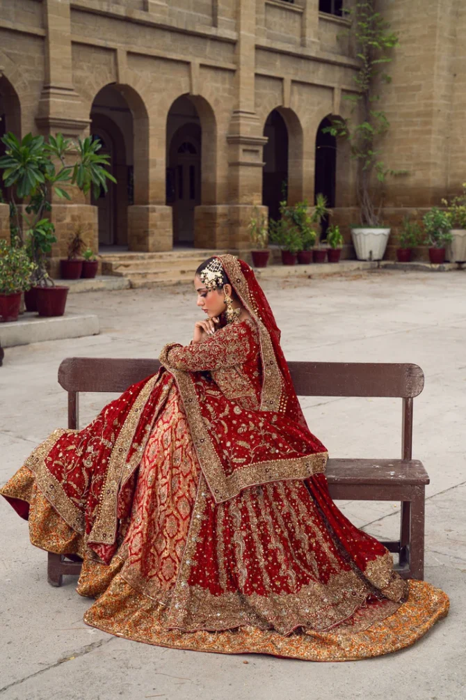Pakistani Bridal Dress in Red Open Gown Lehenga Style