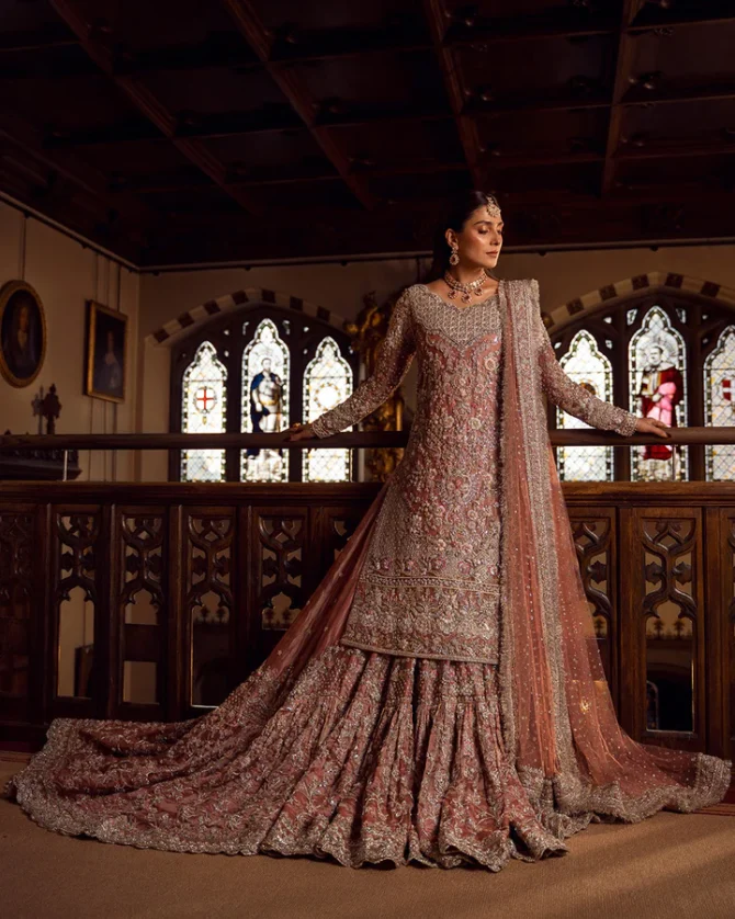 Tea Pink Tissue Shirt and Bridal Gharara Style Dress