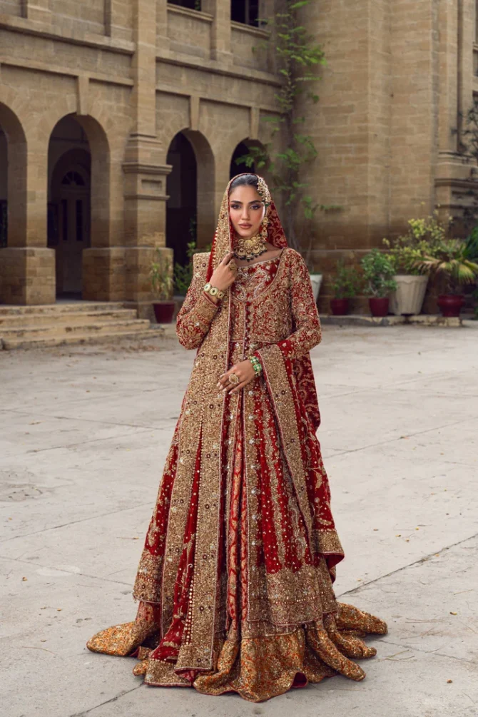 Pakistani Bridal Dress in Red Open Gown Lehenga Style
