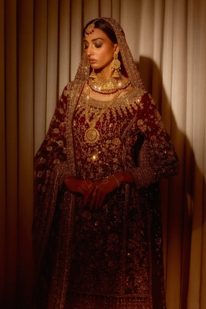 Red Pakistani Bridal Dress in Kameez and Lehenga Style
