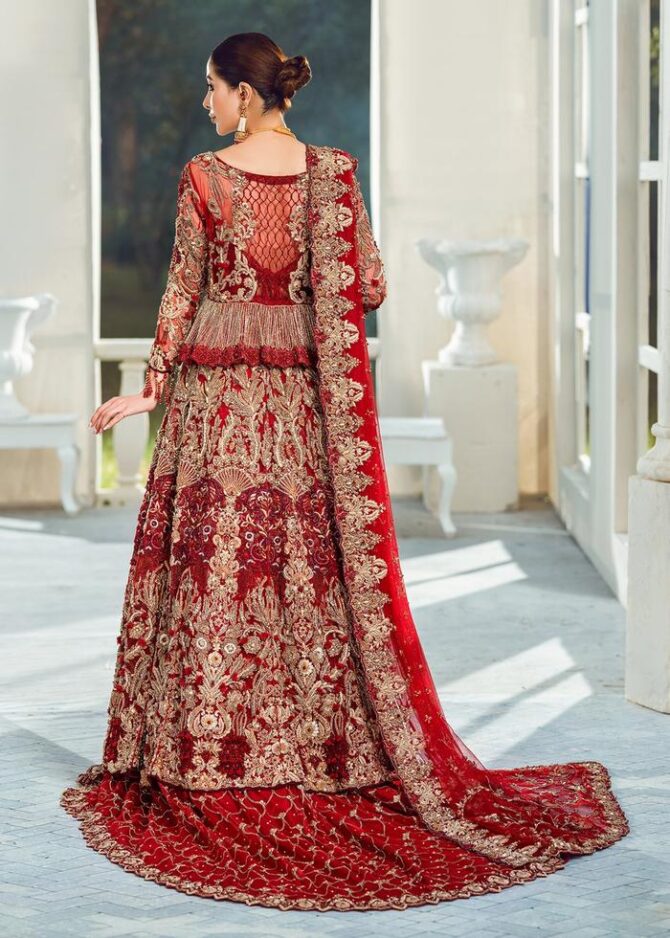 Designer Pakistani Bridal Dress in Embellished Zardozi Worked Maroon Color Lehenga Choli in Peplum Style for Pakistani Bride in Barat Wear