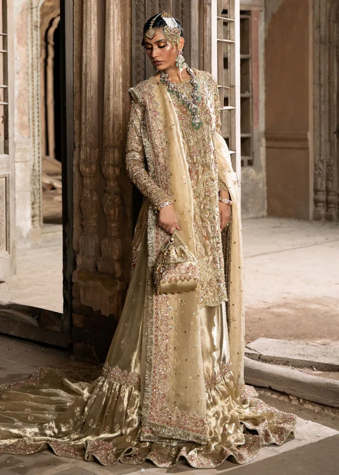 Pakistani Bridal Dress in Tissue Shirt Gharara Style
