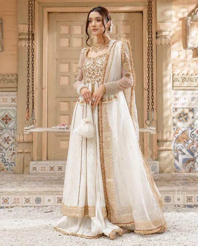 Nikkah Dress in Pishwas Frock Dupatta and Sharara Style