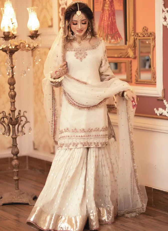 Off White and Golden Gharara for Nikkah