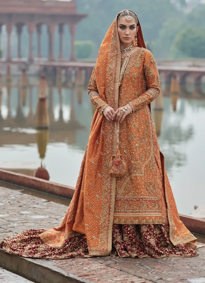 Burnt Orange Zari Net Bridal Lehenga Set