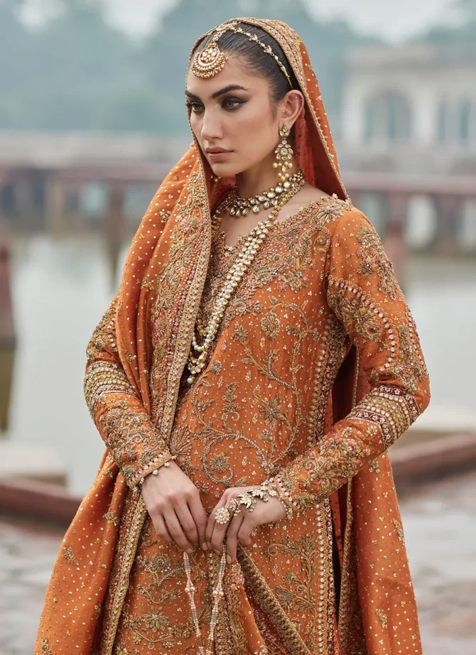Burnt Orange Zari Net Bridal Lehenga Set