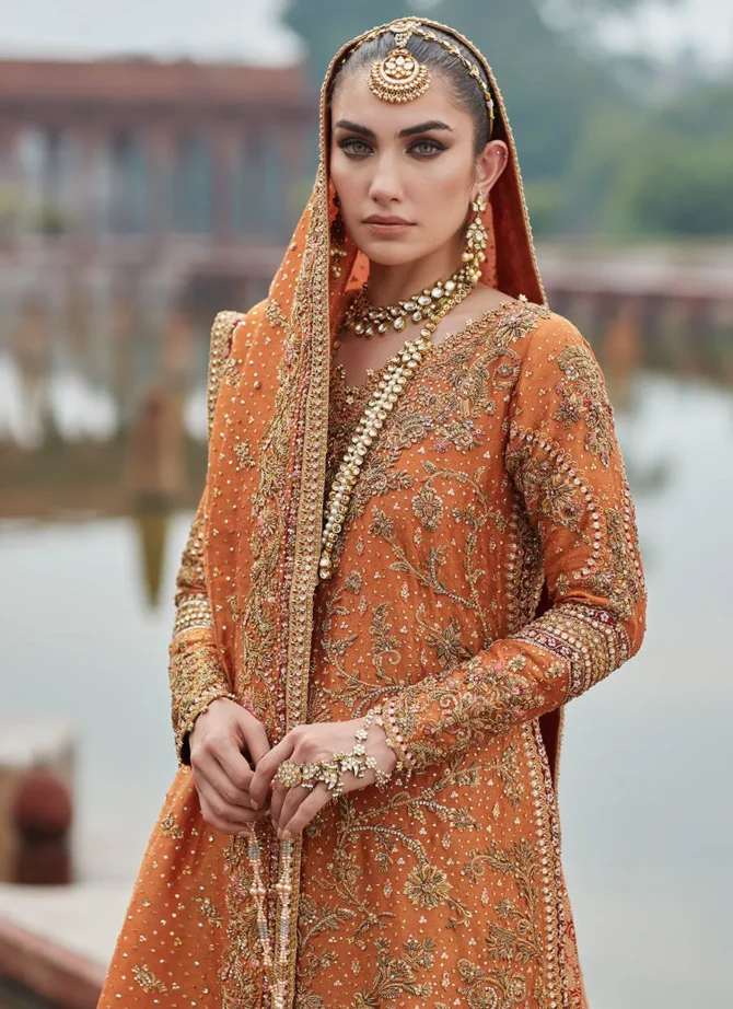 Burnt Orange Zari Net Bridal Lehenga Set