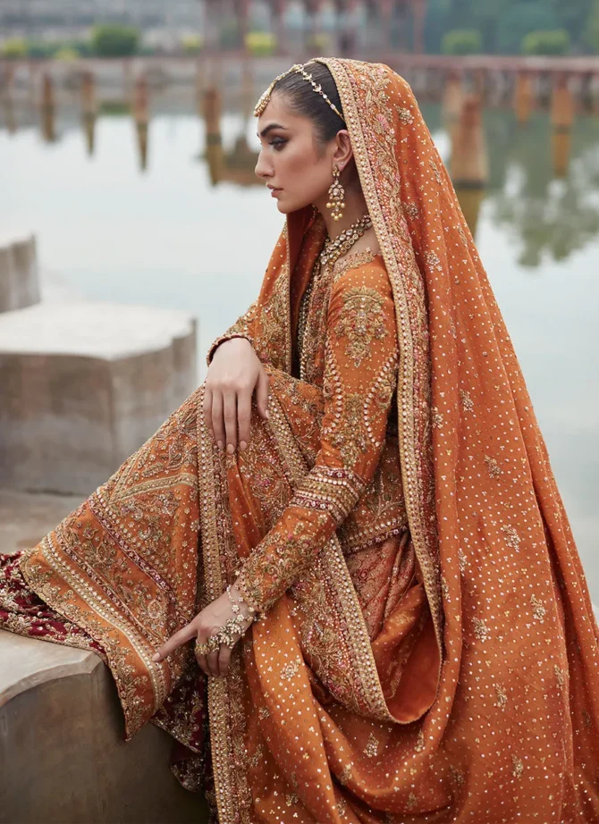 Burnt Orange Zari Net Bridal Lehenga Set