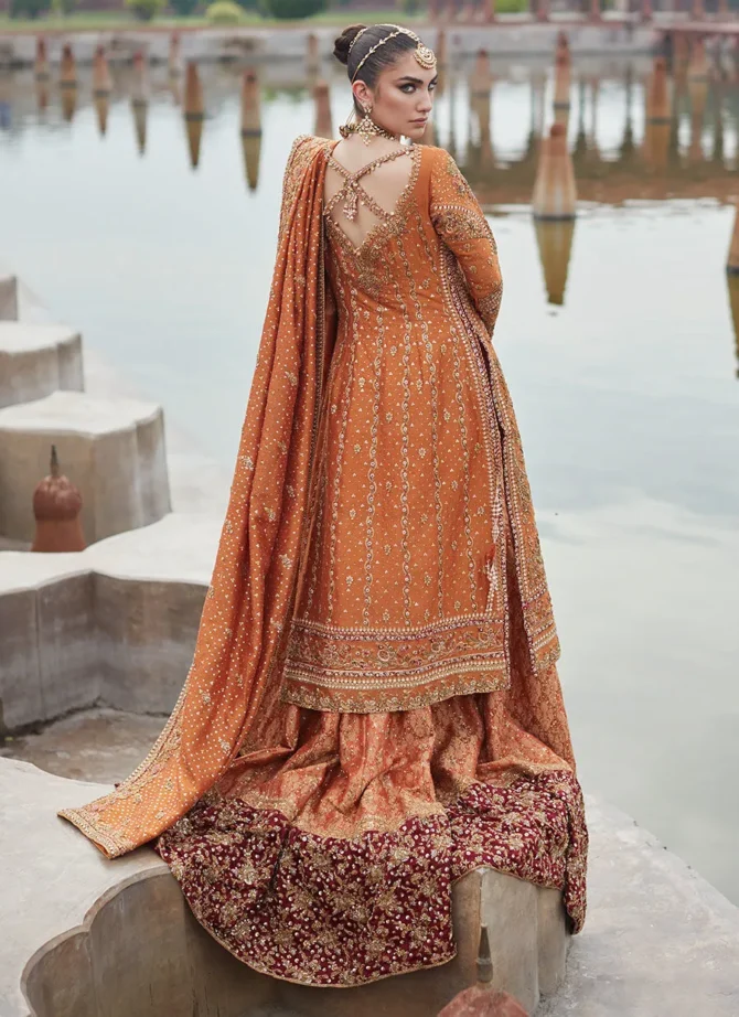 Burnt Orange Zari Net Bridal Lehenga Set