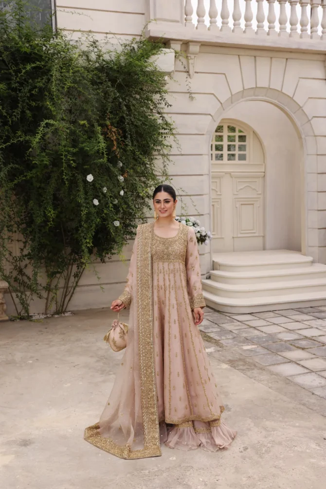 Blush Pink Nikkah Kalidaar Gown with Gold Ada Work