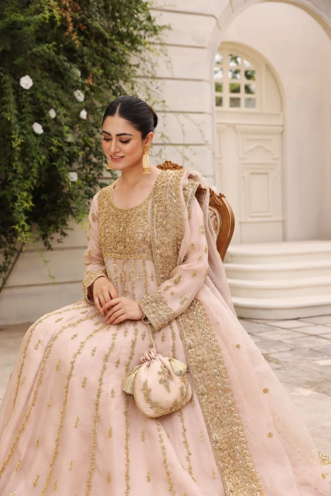 Blush Pink Nikkah Kalidaar Gown with Gold Ada Work