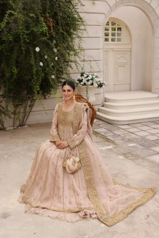 Blush Pink Nikkah Kalidaar Gown with Gold Ada Work