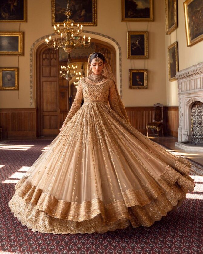Gold Bridal Maxi Dress – Embroidered Nikkah/Wedding Gown