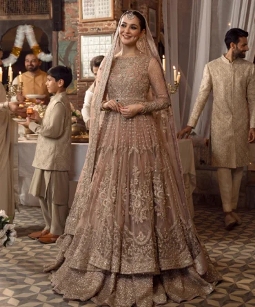 Peach Pink Hand-Embellished Bridal Pishwas – Double Layered Net & Tissue Set for Nikkah